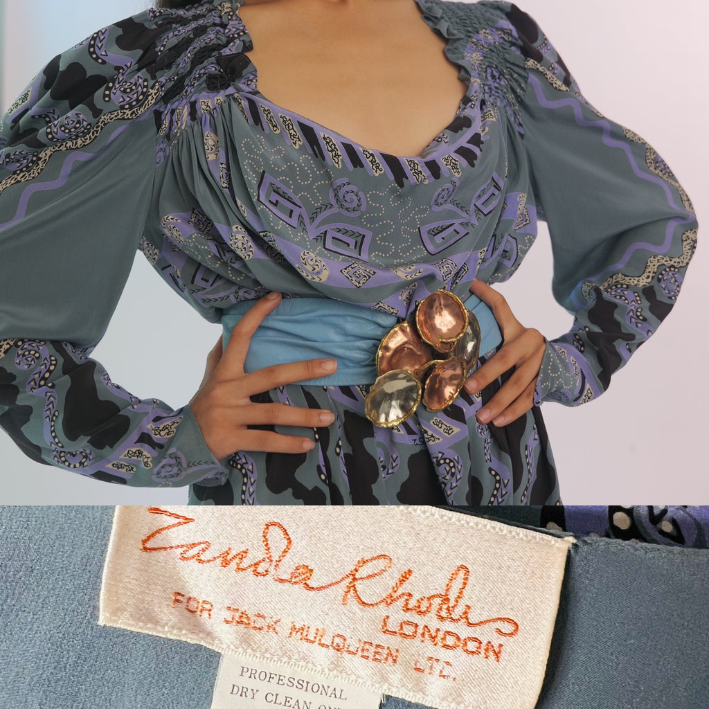 Zandra Rhodes London Blue Silk Dress — vintage Zandra Rhodes dress in blue