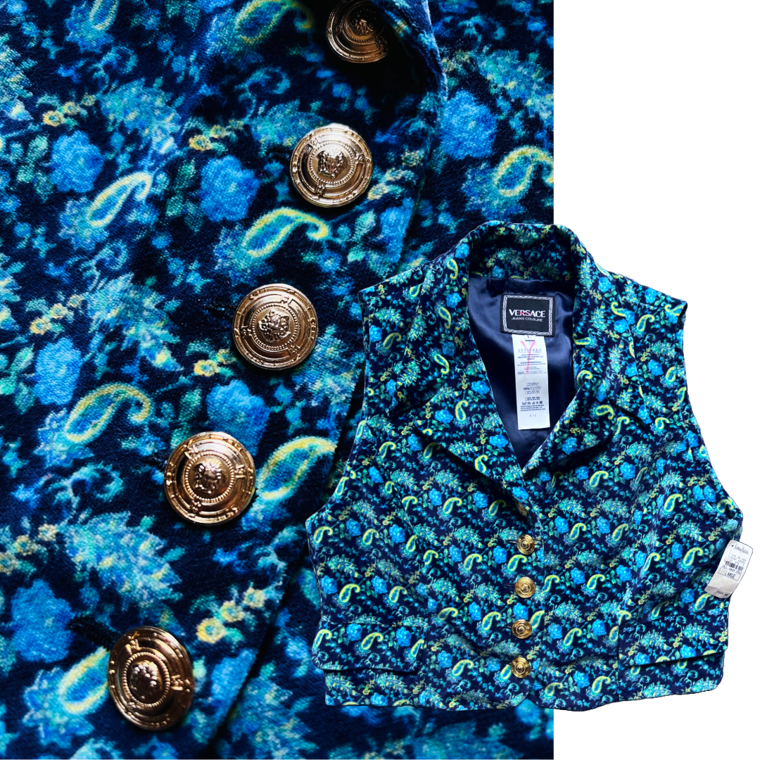 Versace JC 90s Blue & Green Cotton Velvet Top — vintage 1990s Versace top in green, blue