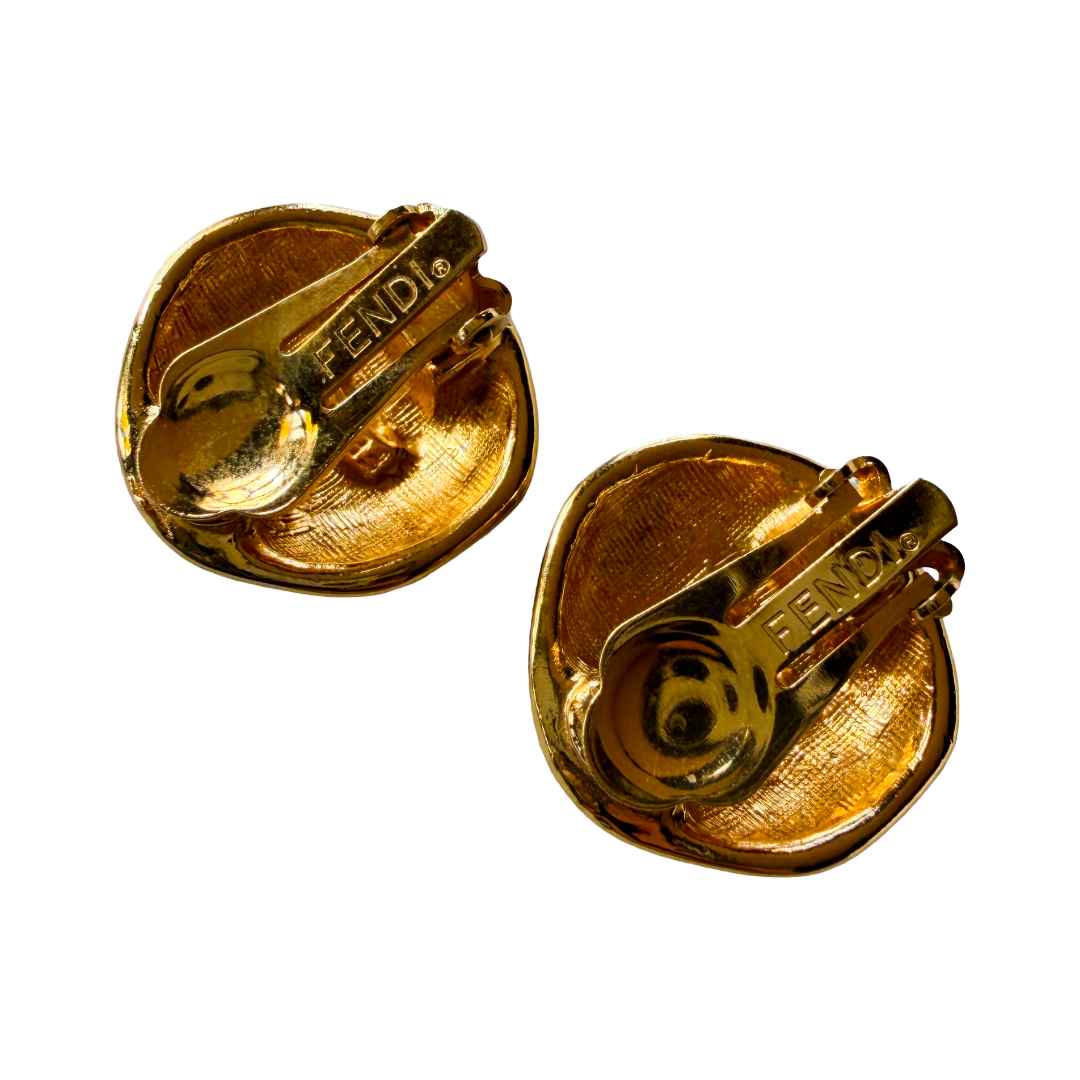 Fendi Gold Plated Wax Seal Clip Earrings — vintage Fendi jewellery in gold