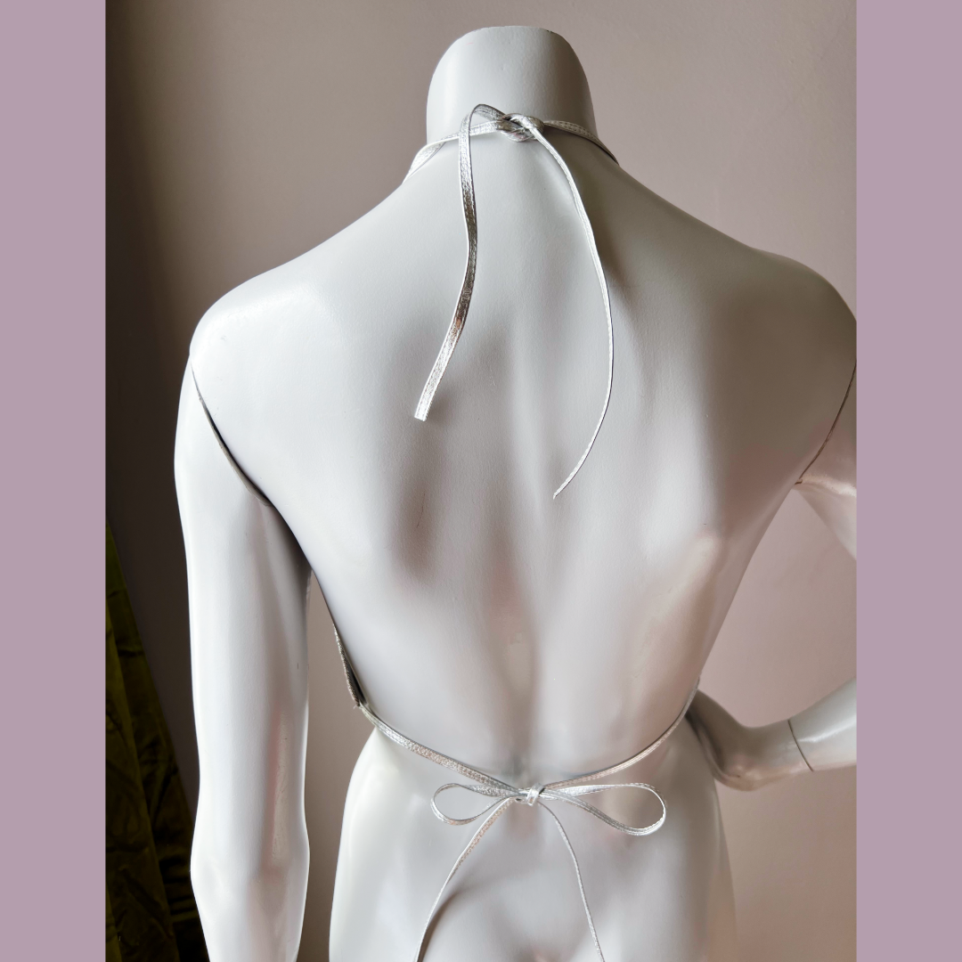 Ferrara Mesh Blush Pink w Silver Leather Halter Top — vintage Ferrara top in pink, silver
