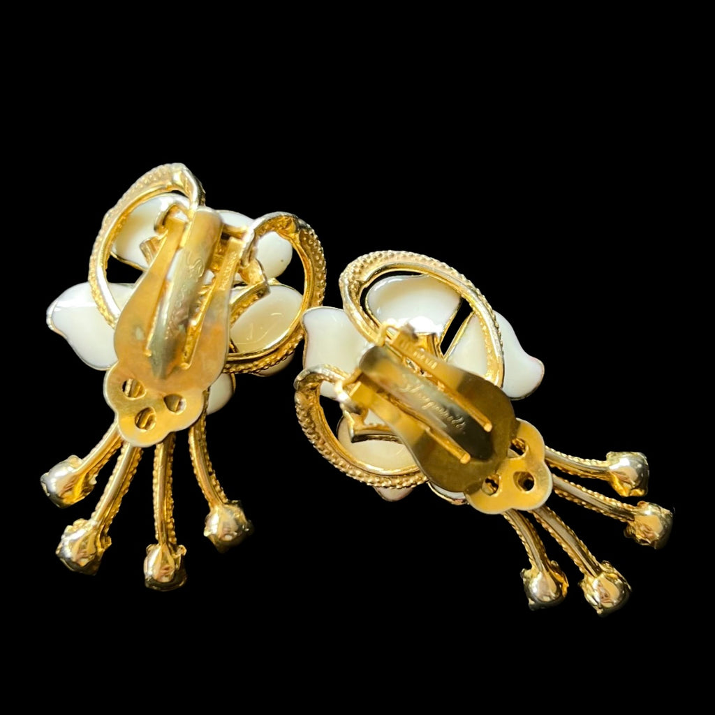 Schiaparelli White & Gold Flower Gold Clip On Earrings — vintage Schiaparelli jewellery in white, gold