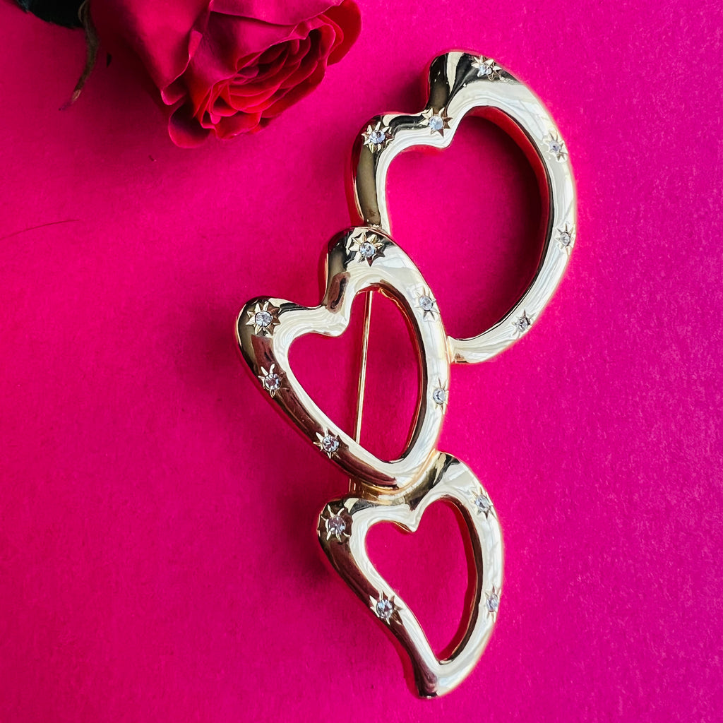 Courrèges Triple Heart Crystal Gold Brooch — vintage Courrèges jewellery in gold