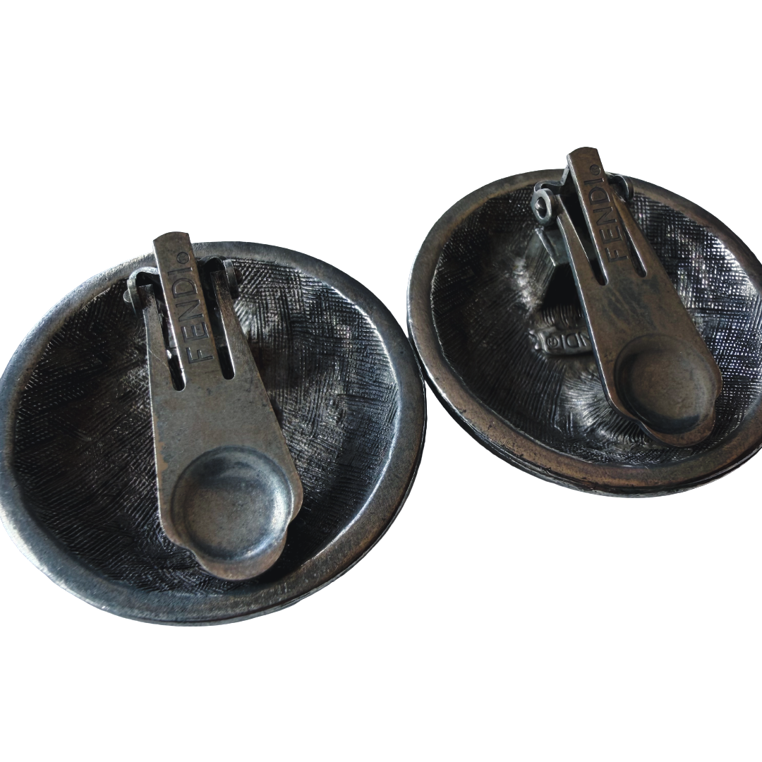 Gunmetal Fendi Textured FF Clip Earrings — vintage Fendi jewellery in silver