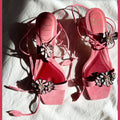 Roger Vivier Contemporary Hand Painted Block Heel Pink Suede Shoes — vintage Roger Vivier shoes in pink