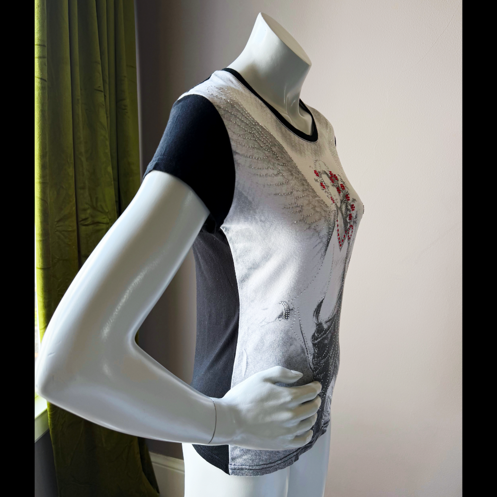 Roberto Cavalli Angel Grail Studded Tshirt — vintage 2000s Roberto Cavalli top in black, red, silver