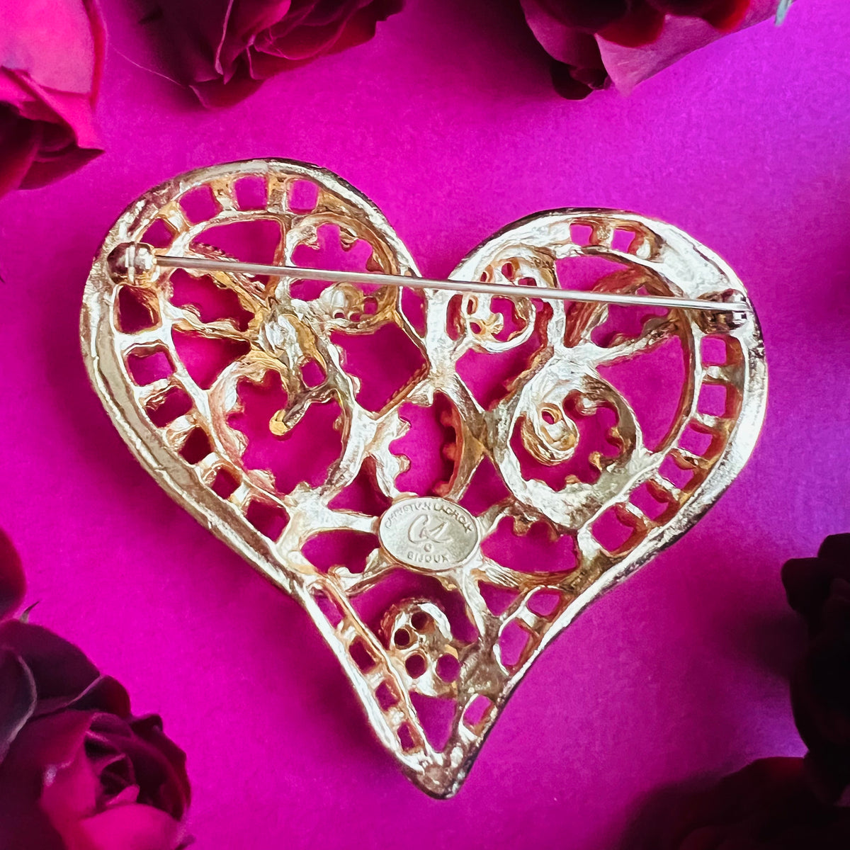 Christian Lacroix Bijoux Signed Gold Heart Brooch — vintage Christian Lacroix jewellery in gold