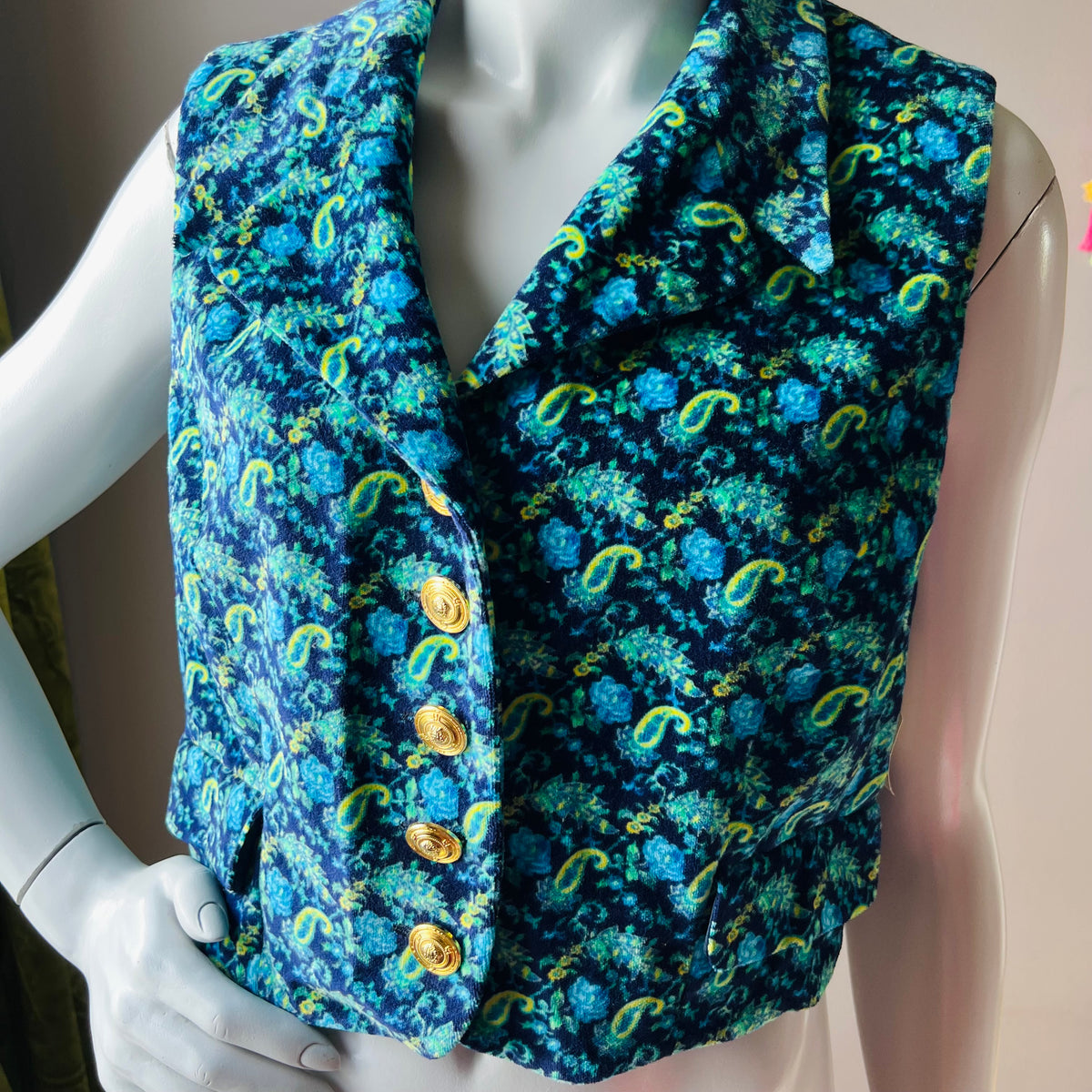Versace JC 90s Blue & Green Cotton Velvet Top — vintage 1990s Versace top in green, blue