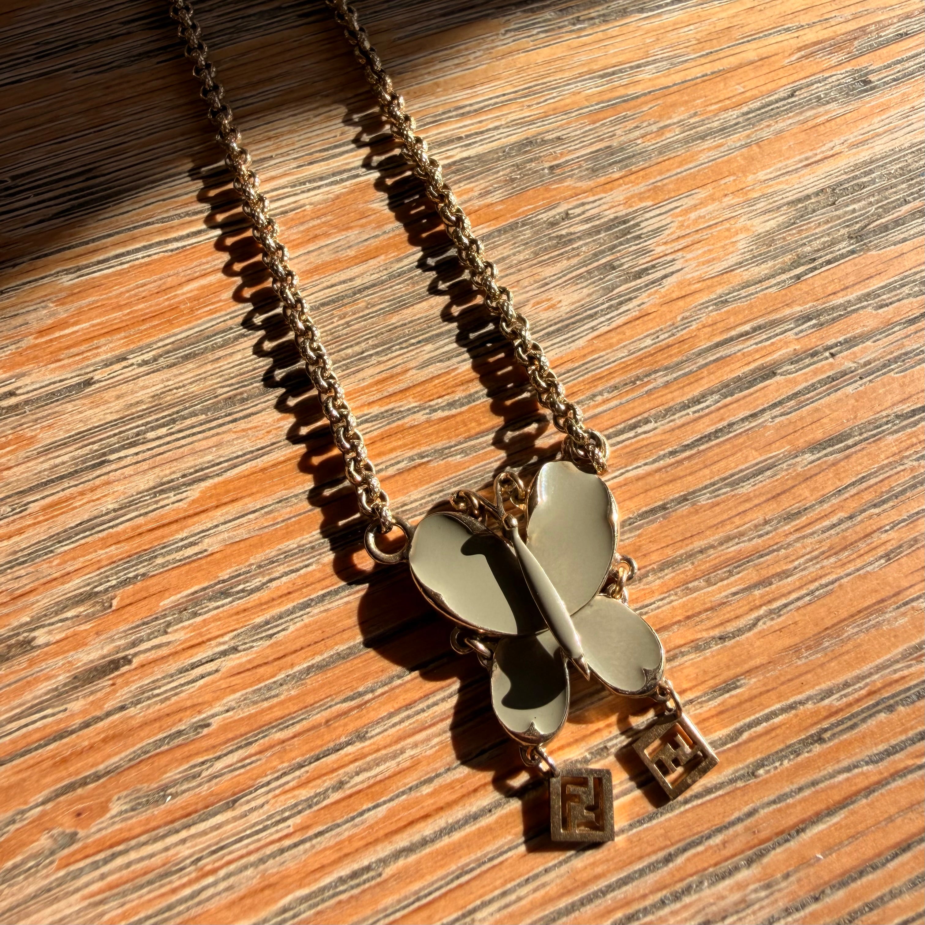 Fendi Articulated Butterfly FF Chain Necklace — vintage Fendi jewellery in gold, green