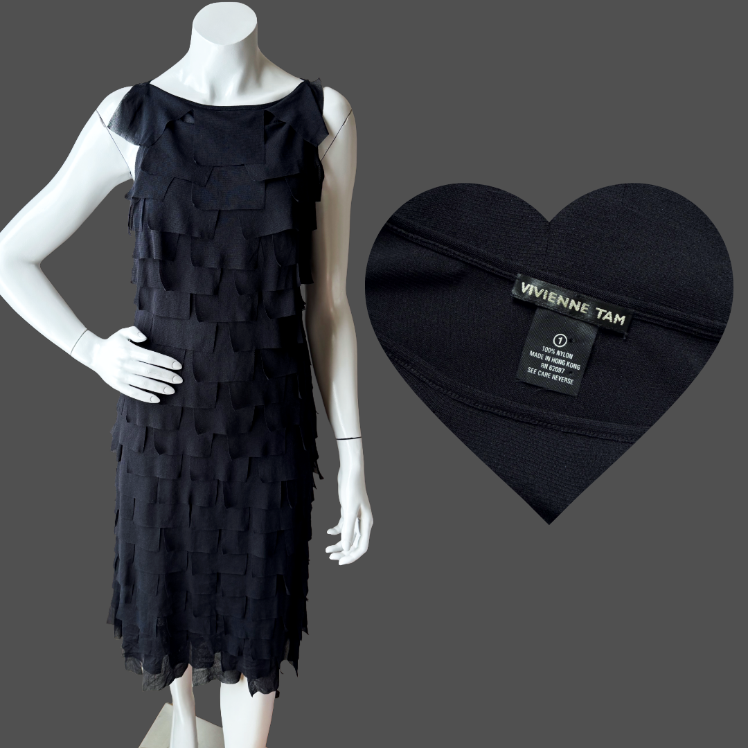 Black sleeveless tiered ruffle dress, mesh panel archival dress by Vivienne Tam.
