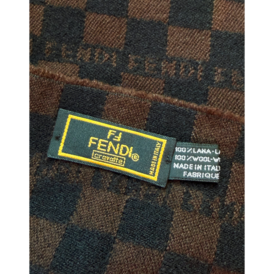 Fendi Checkered Black & Brown Wool Fringe Scarf — vintage Fendi scarf in black, brown