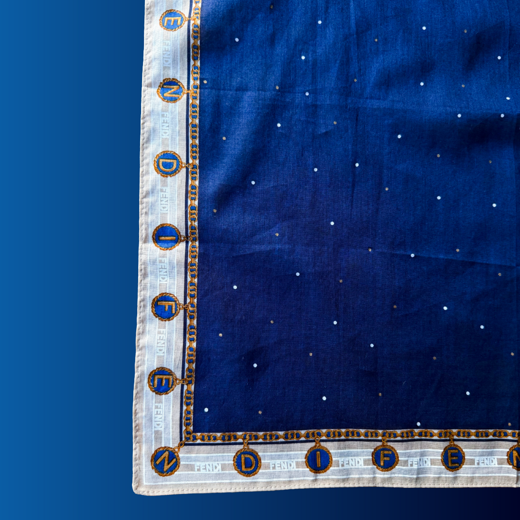 Fendi Gold and Blue Polka Dot Sheer Scarf — vintage Fendi scarf in gold, blue
