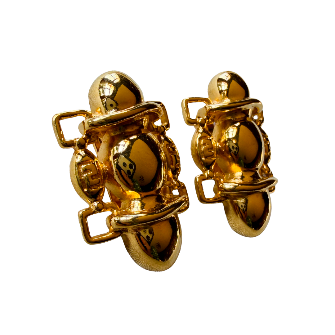 Fendi Gold Plated Stacked FF Clip Earrings — vintage Fendi jewellery in gold