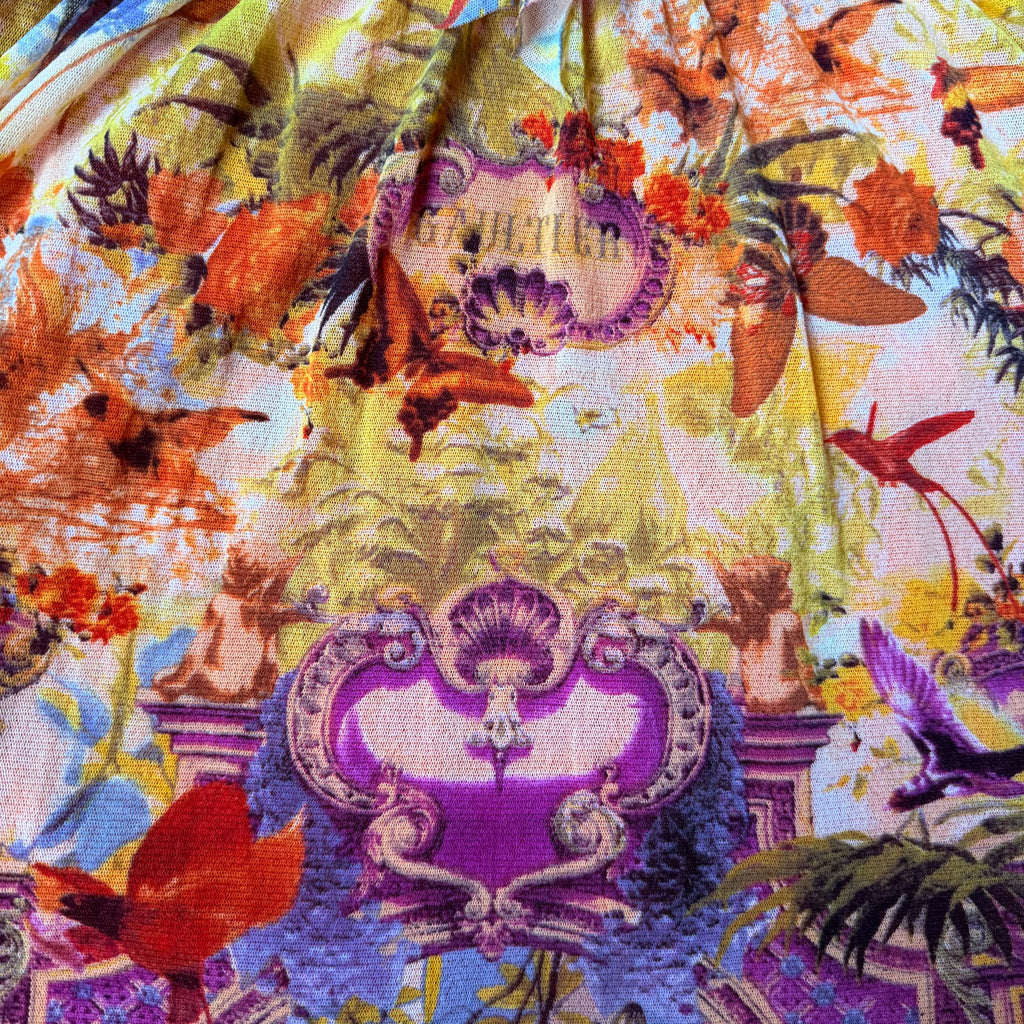 Jean Paul Gaultier Soleil Vintage Mesh Flamingo Ruffle Top — vintage Jean Paul Gaultier top in orange