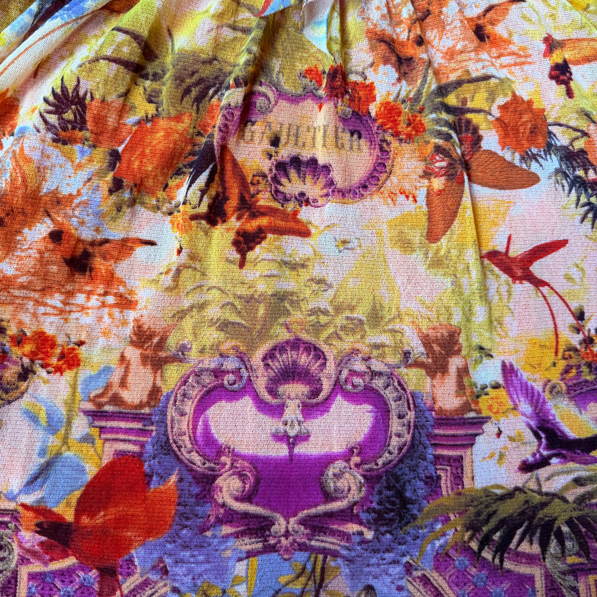 Jean Paul Gaultier Soleil Vintage Mesh Flamingo Ruffle Top — vintage Jean Paul Gaultier top in orange
