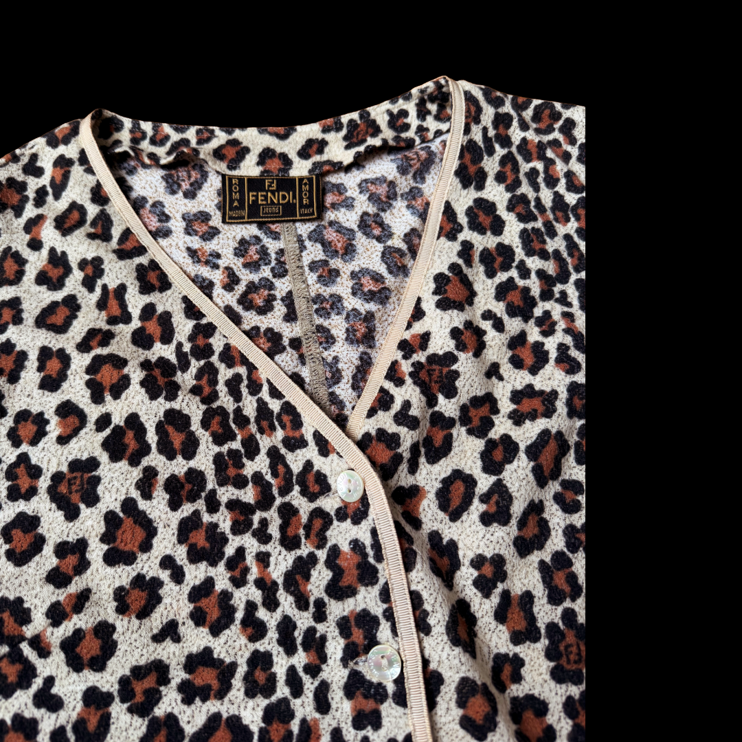 90s Fendi Jeans Leopard FF Cardigan — vintage 1990s Fendi knit in brown