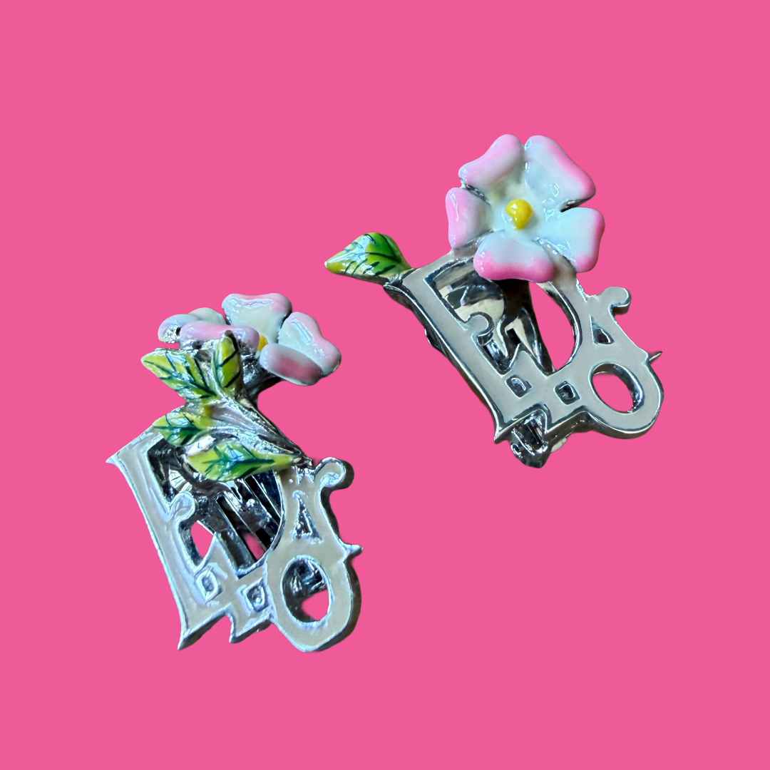 Christian Dior by Galliano Silver Enamel Flower Clip On Earrings