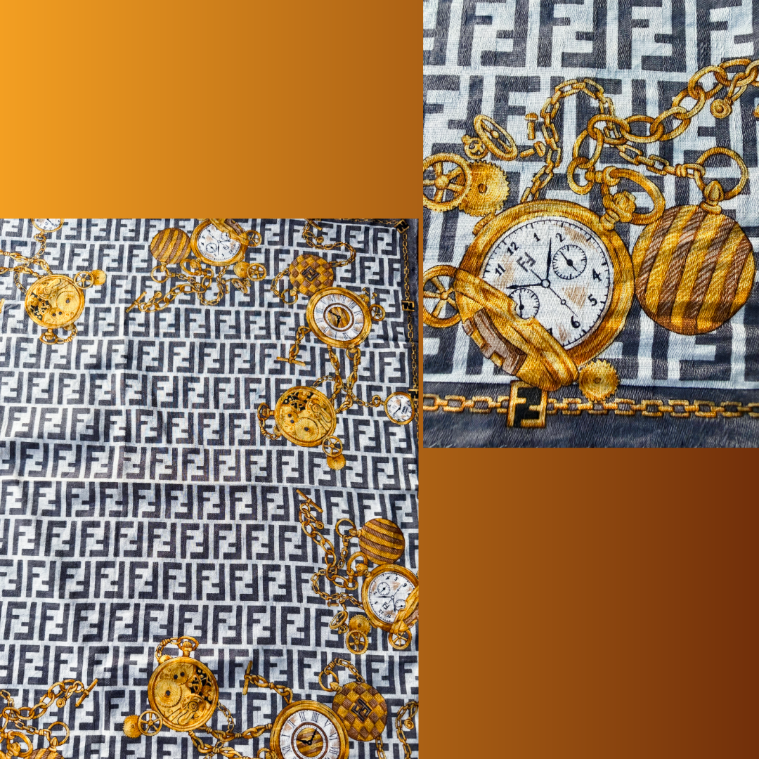 Fendi FF Zucca Chains & Clockwork Scarf — vintage Fendi scarf in white, gold, grey
