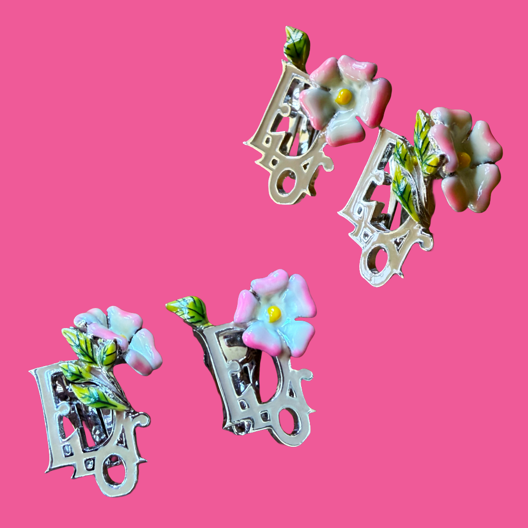 Christian Dior by Galliano Silver Enamel Flower Clip On Earrings