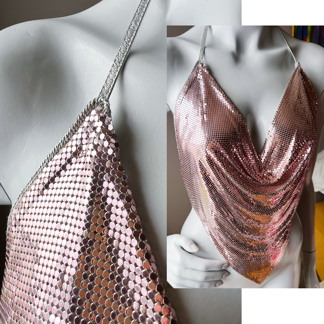 Ferrara Mesh Blush Pink w Silver Leather Halter Top — vintage Ferrara top in pink, silver