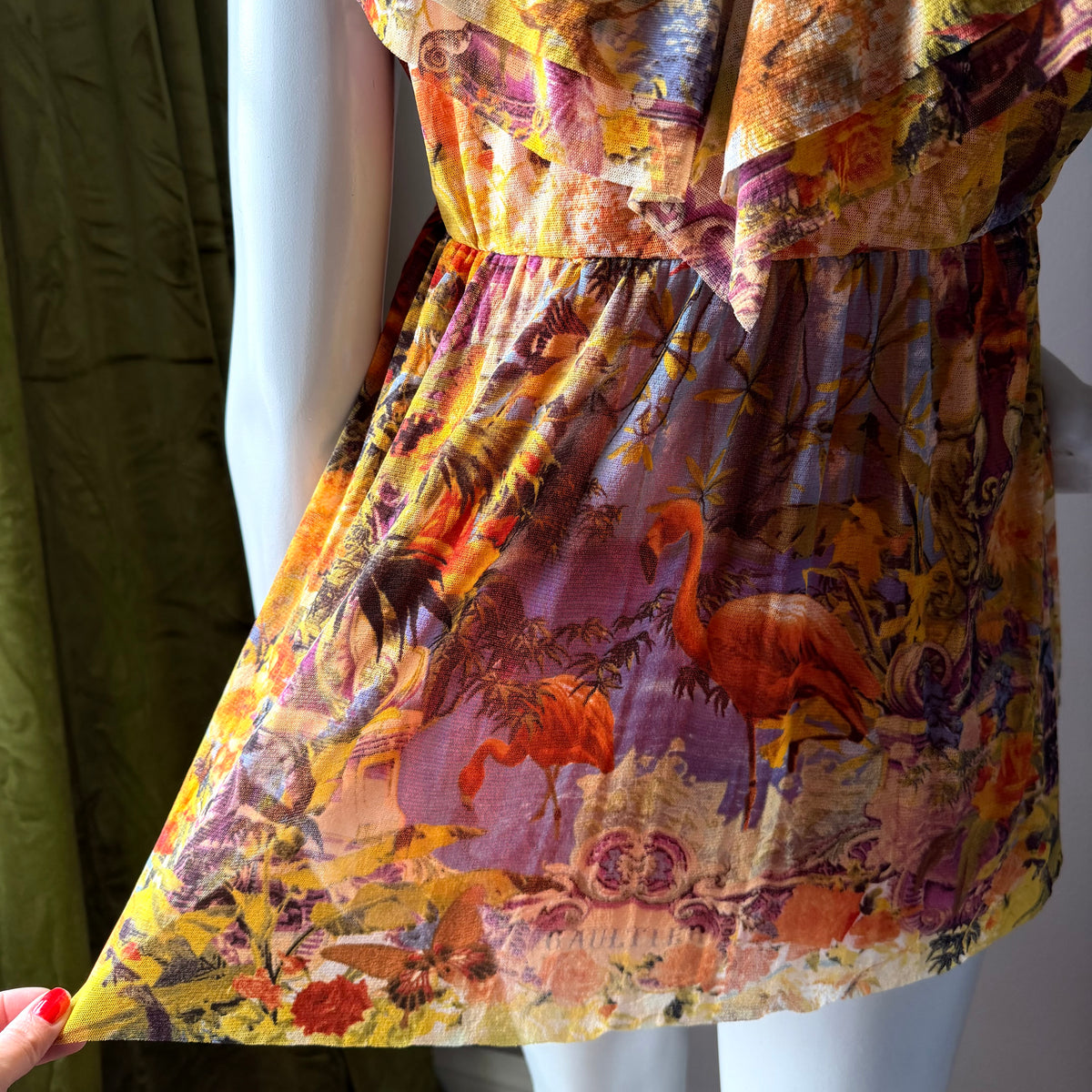 Jean Paul Gaultier Soleil Vintage Mesh Flamingo Ruffle Top — vintage Jean Paul Gaultier top in orange