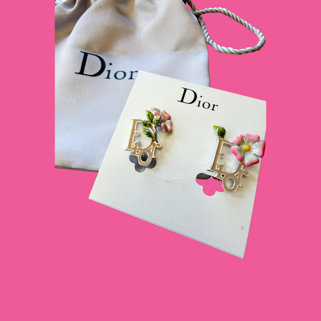 Christian Dior by Galliano Silver Enamel Flower Clip On Earrings — vintage 2000s Christian Dior jewellery in silver