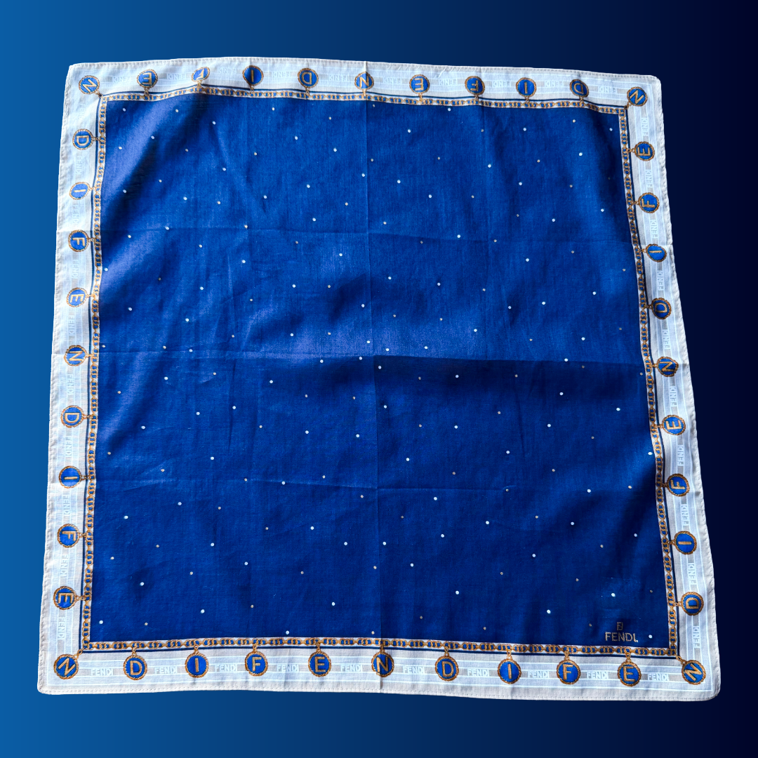 Fendi Gold and Blue Polka Dot Sheer Scarf — vintage Fendi scarf in gold, blue