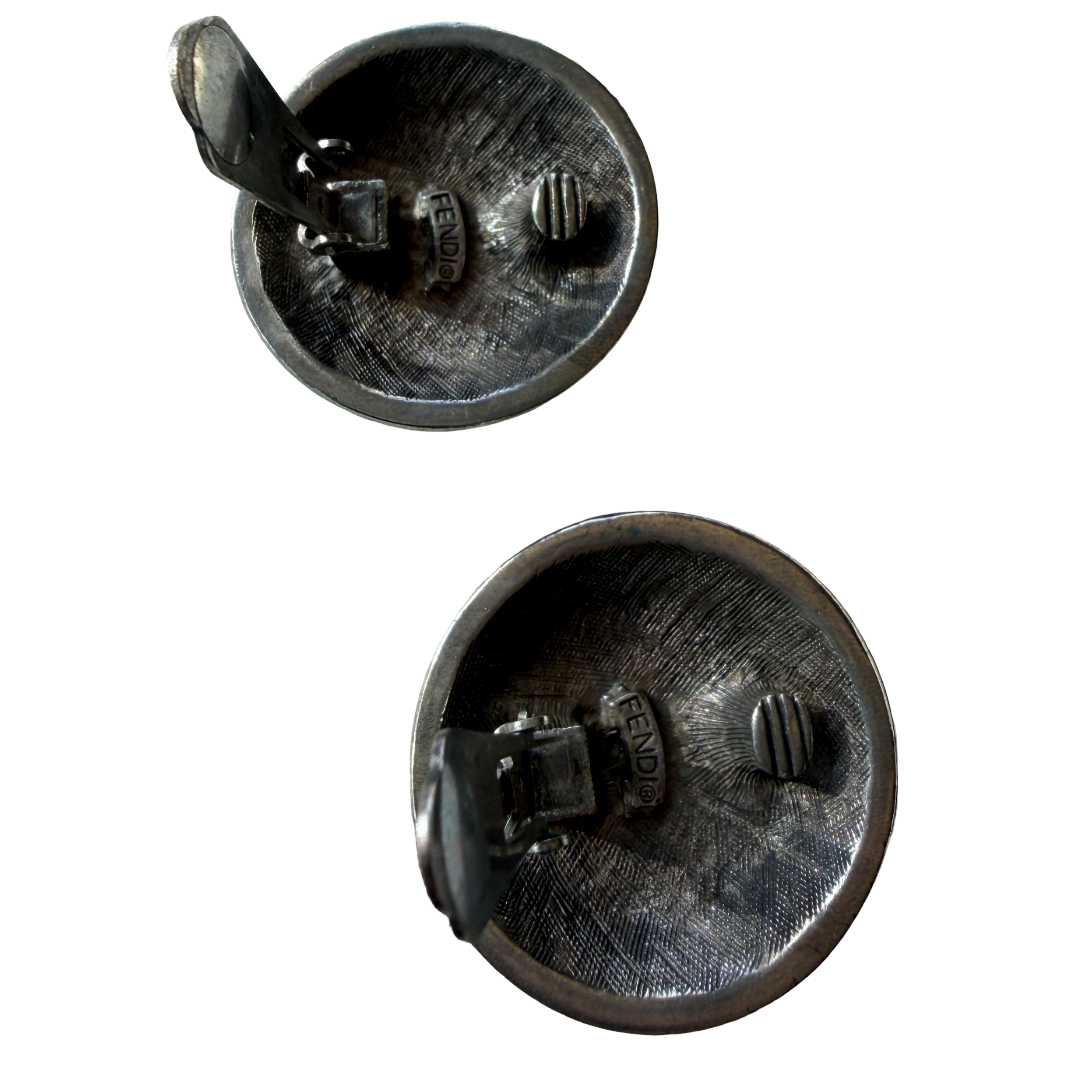 Gunmetal Fendi Textured FF Clip Earrings — vintage Fendi jewellery in silver