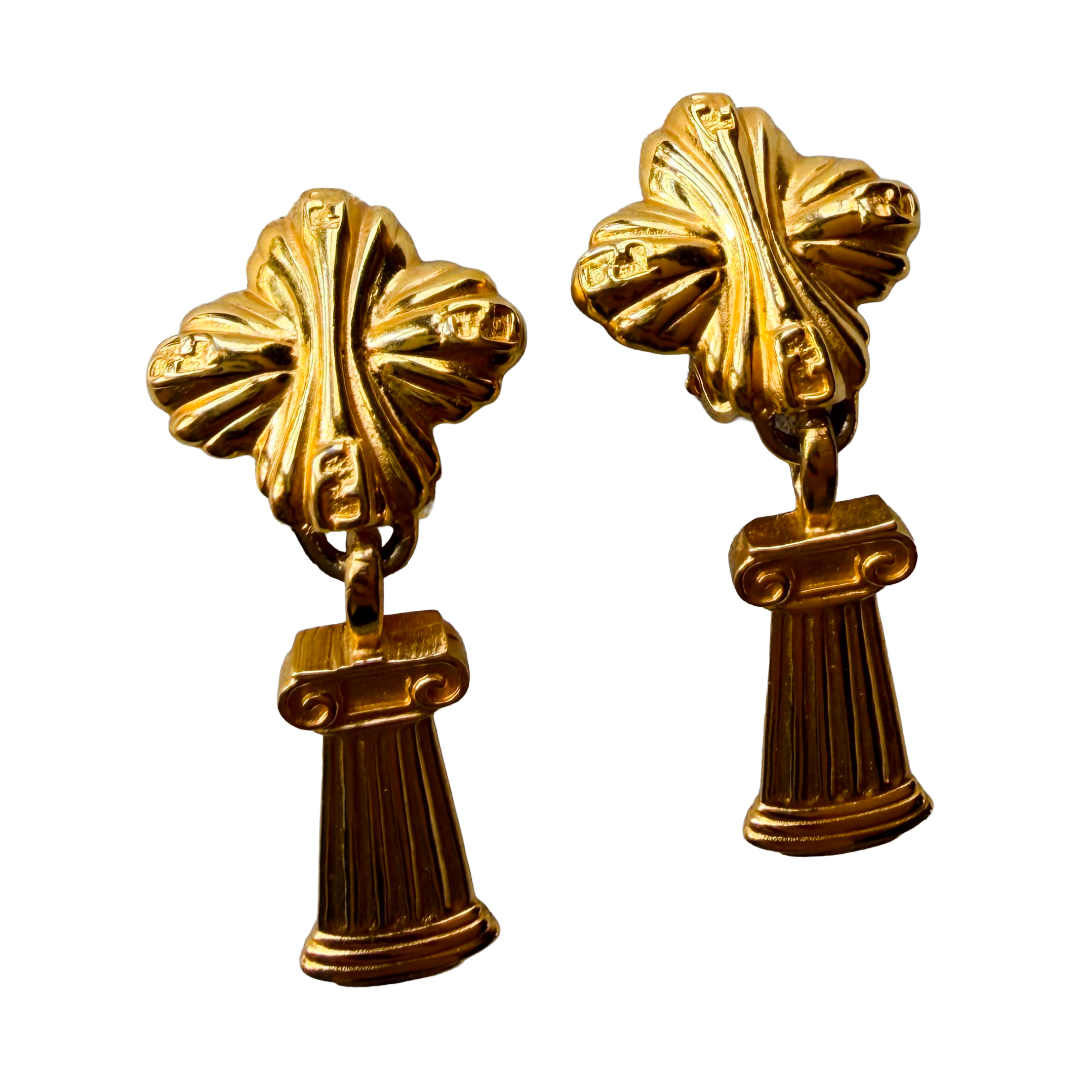 Fendi Column Drop Gold Plated Clip Earrings — vintage Fendi jewellery in gold
