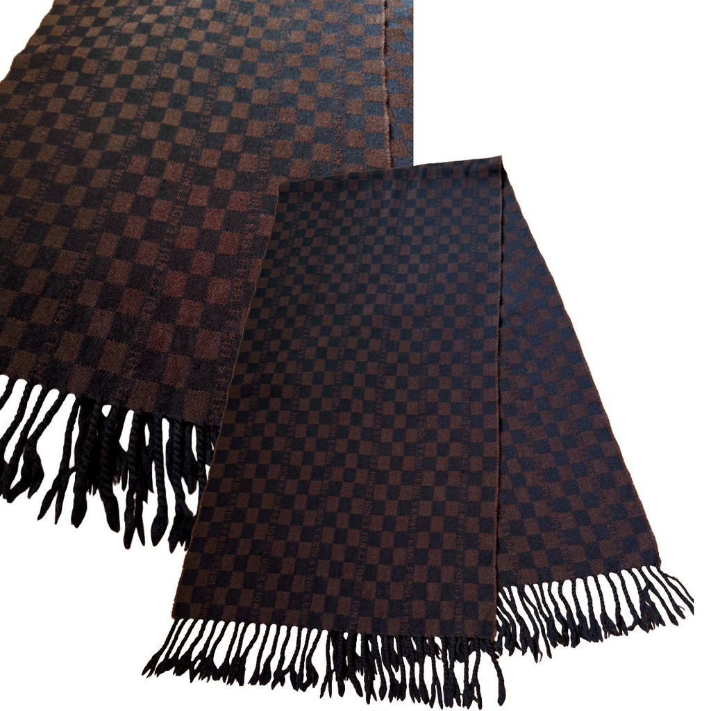 Fendi Checkered Black & Brown Wool Fringe Scarf — vintage Fendi scarf in black, brown