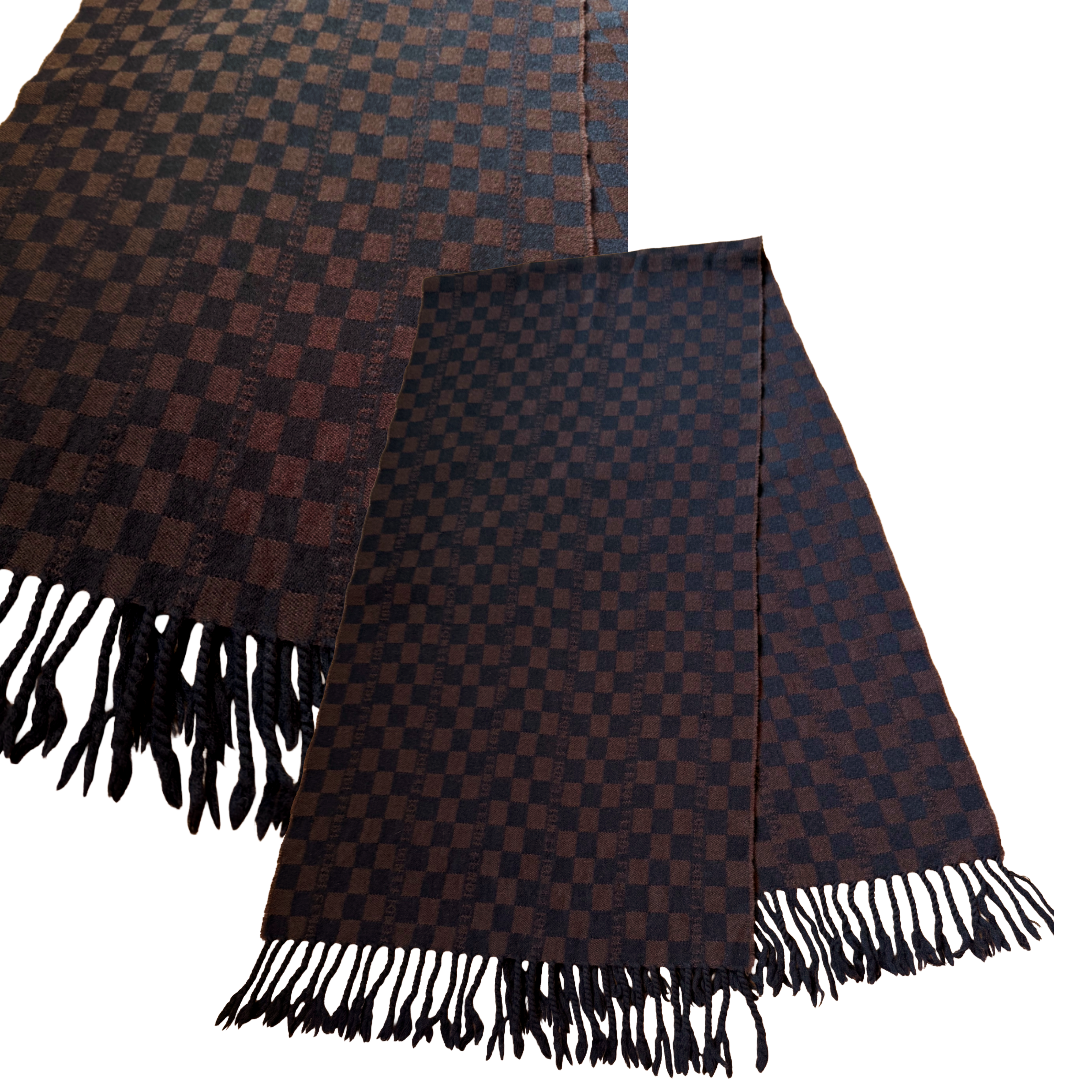 Fendi Checkered Black & Brown Wool Fringe Scarf — vintage Fendi scarf in black, brown