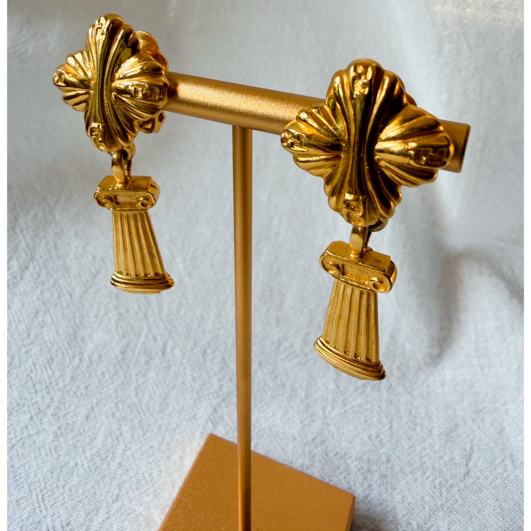 Fendi Column Drop Gold Plated Clip Earrings — vintage Fendi jewellery in gold