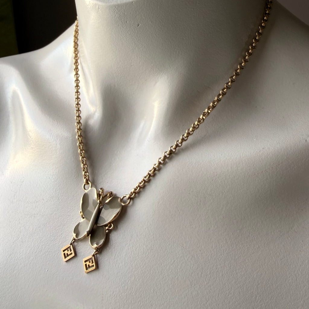 Fendi Articulated Butterfly FF Chain Necklace — vintage Fendi jewellery in gold, green