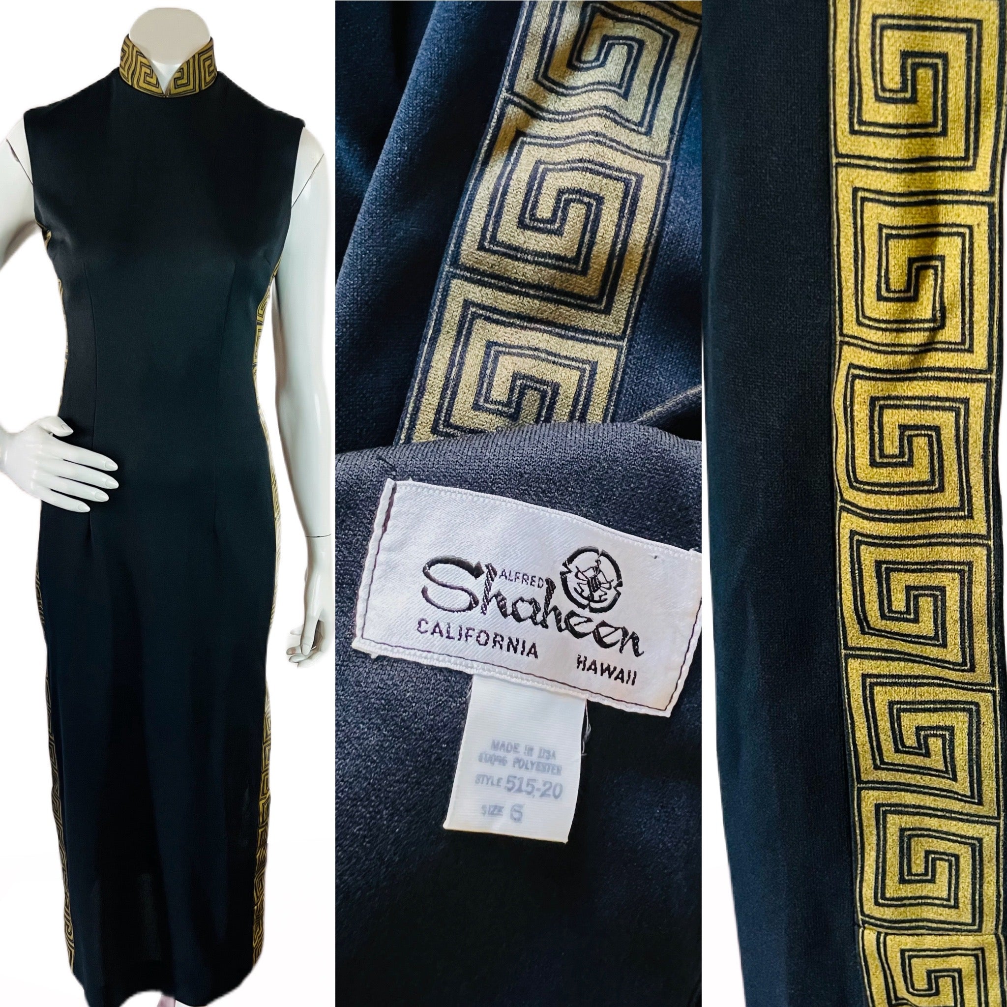 Shaheen Black & Gold 70s Hostess Gown Maxi Dress — vintage 1970s Alfred Shaheen California Hawaii dress in black, gold