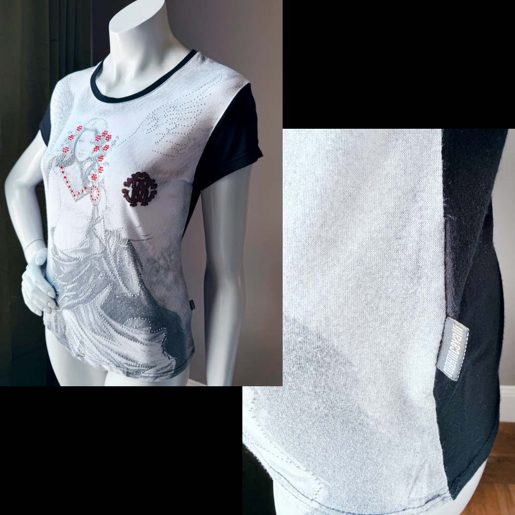 Roberto Cavalli Angel Grail Studded Tshirt — vintage 2000s Roberto Cavalli top in black, red, silver