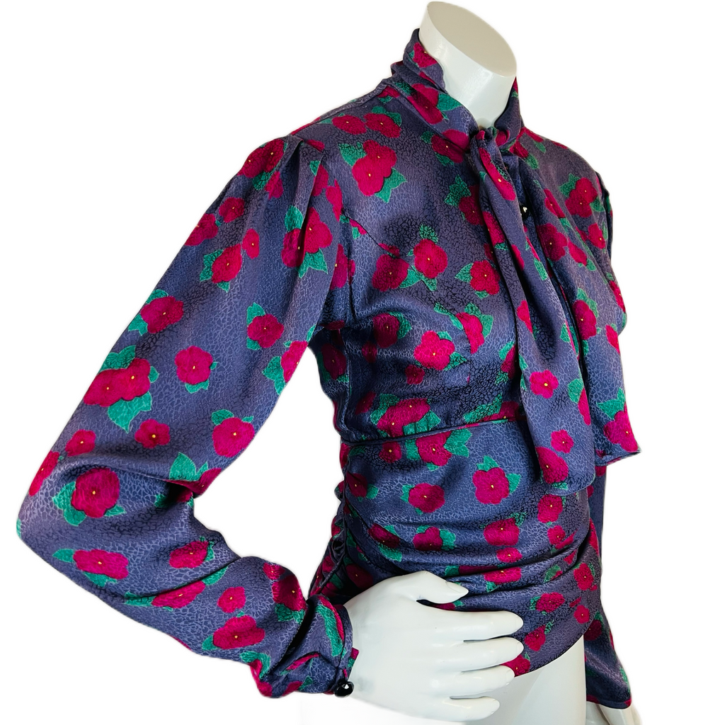 Ungaro Pussy Bow Floral Purple Silk Blouse — vintage Ungaro top in purple
