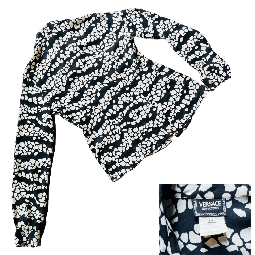 Versace JC 90s Black & White Print Sheer Blouse — vintage 1990s Versace top in black, white