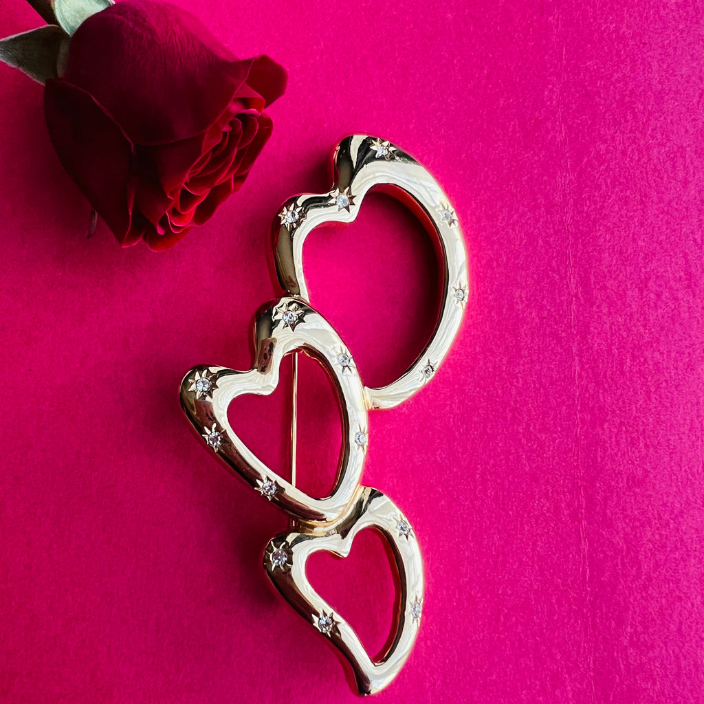 Courrèges Triple Heart Crystal Gold Brooch — vintage Courrèges jewellery in gold