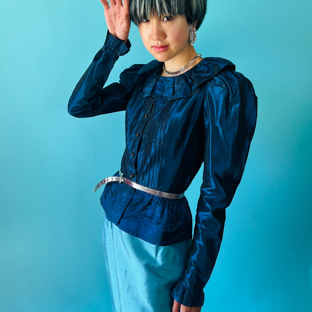 Metallic Midnight Blue Laura Ashley Blouse — vintage 1980s Laura Ashley top in blue