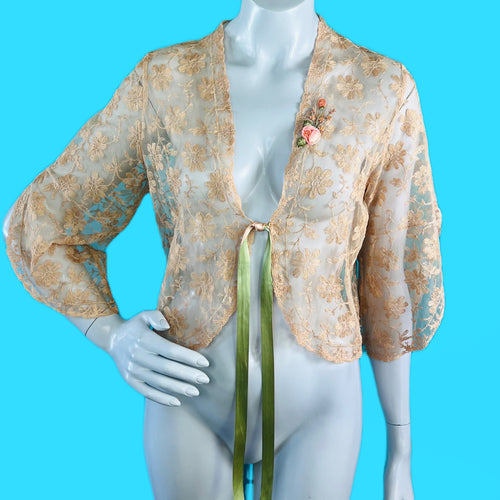1930s Tea Dyed Floral Lace Sheer Jacket