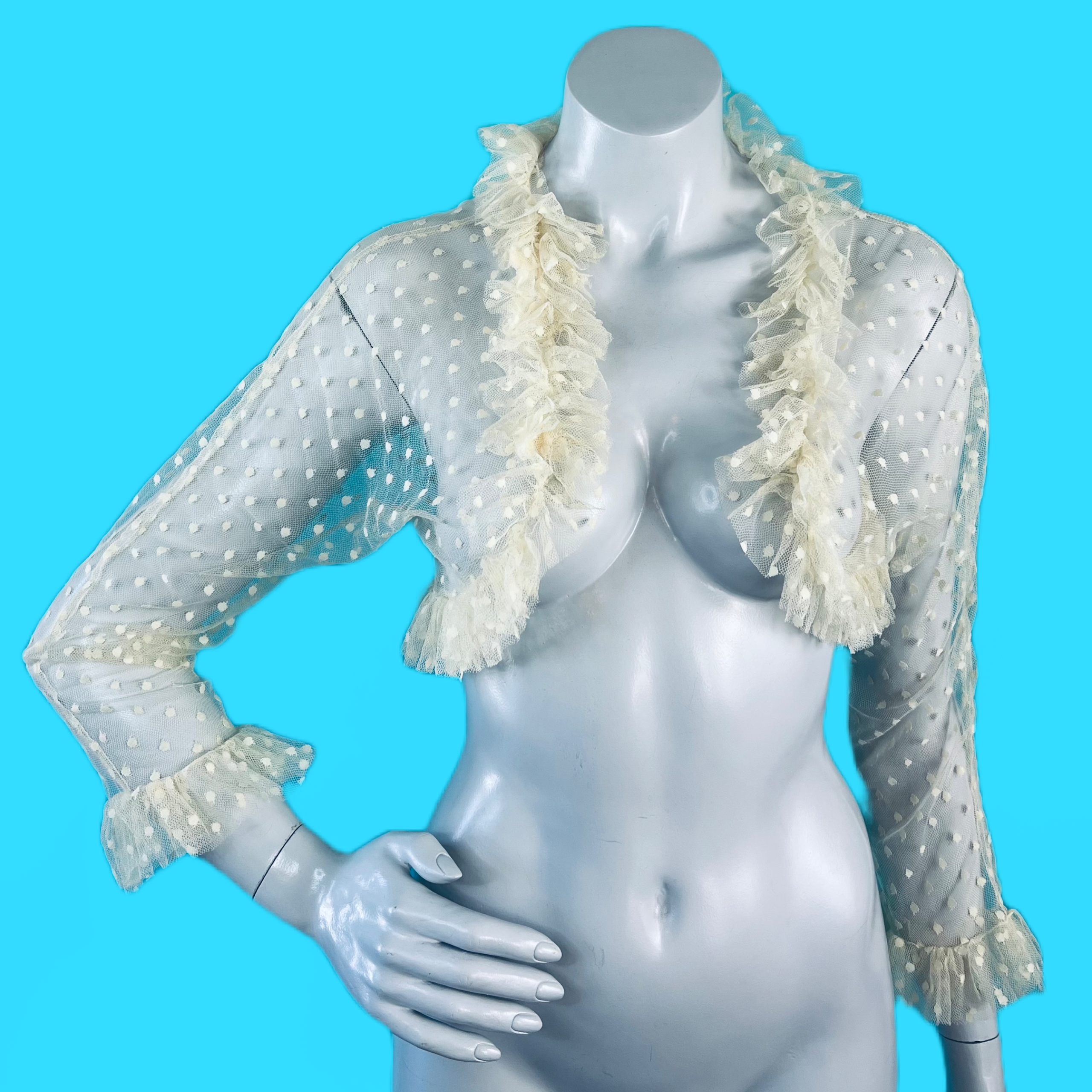 1930s Swiss Dot Mesh Lace Cropped Ruffle Jacket — vintage 1930s jacket in white, ivory