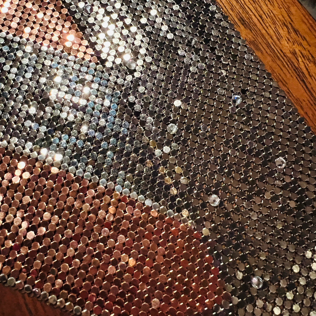 Ferrara Cowl Necklace in Copper and Gunmetal Mesh w Swarovski Crystals — vintage Ferrara jewellery in silver, brown