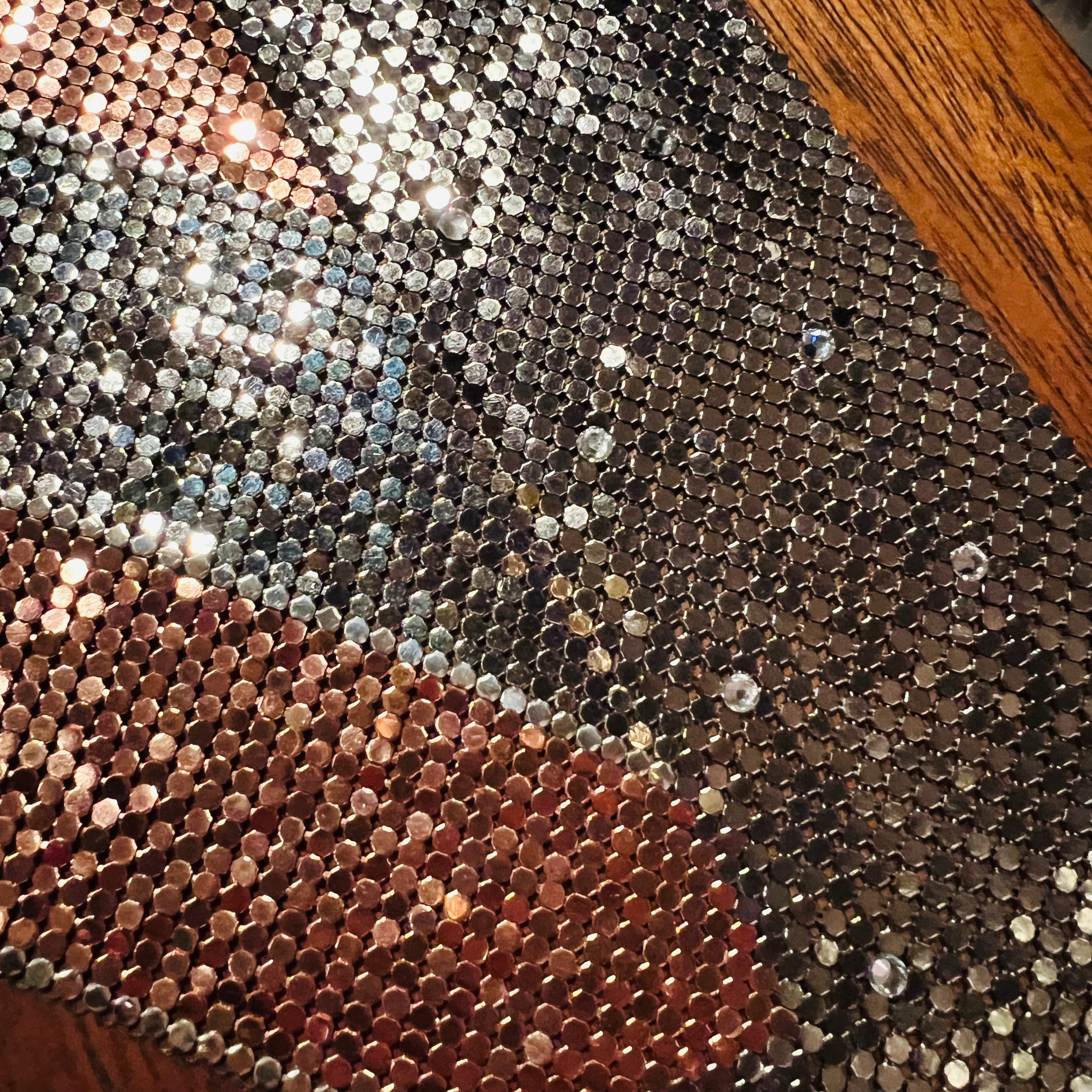 Ferrara Cowl Necklace in Copper and Gunmetal Mesh w Swarovski Crystals — vintage Ferrara jewellery in silver, brown