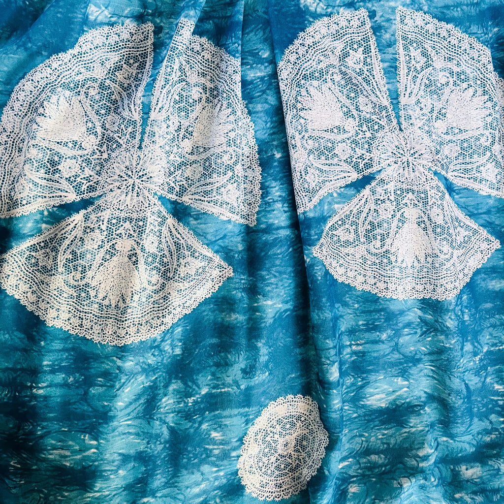Blue & White Lace Print 60s/70s Maxi Dress — vintage 1960s Avalon Classics, Inc dress in white, blue