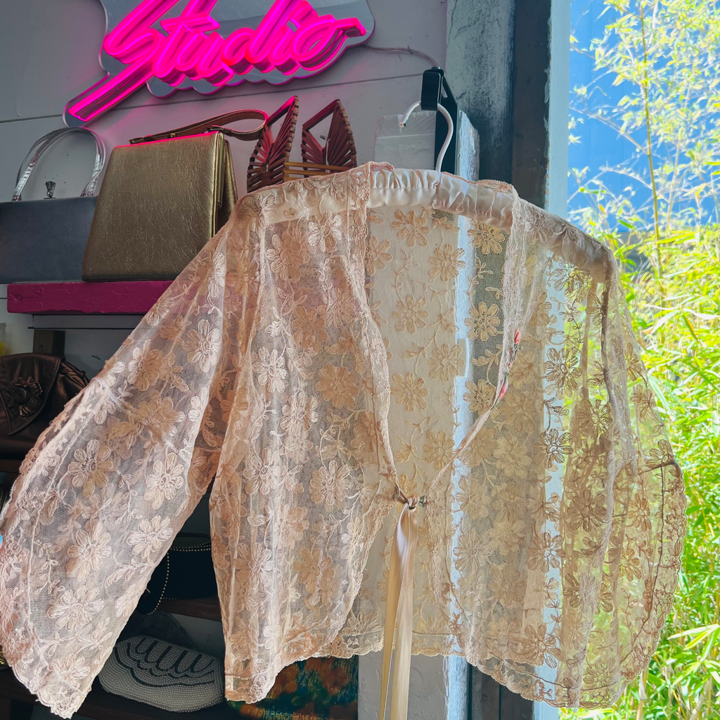 1930s Tea Dyed Floral Lace Sheer Jacket — vintage 1930s jacket in pink, green