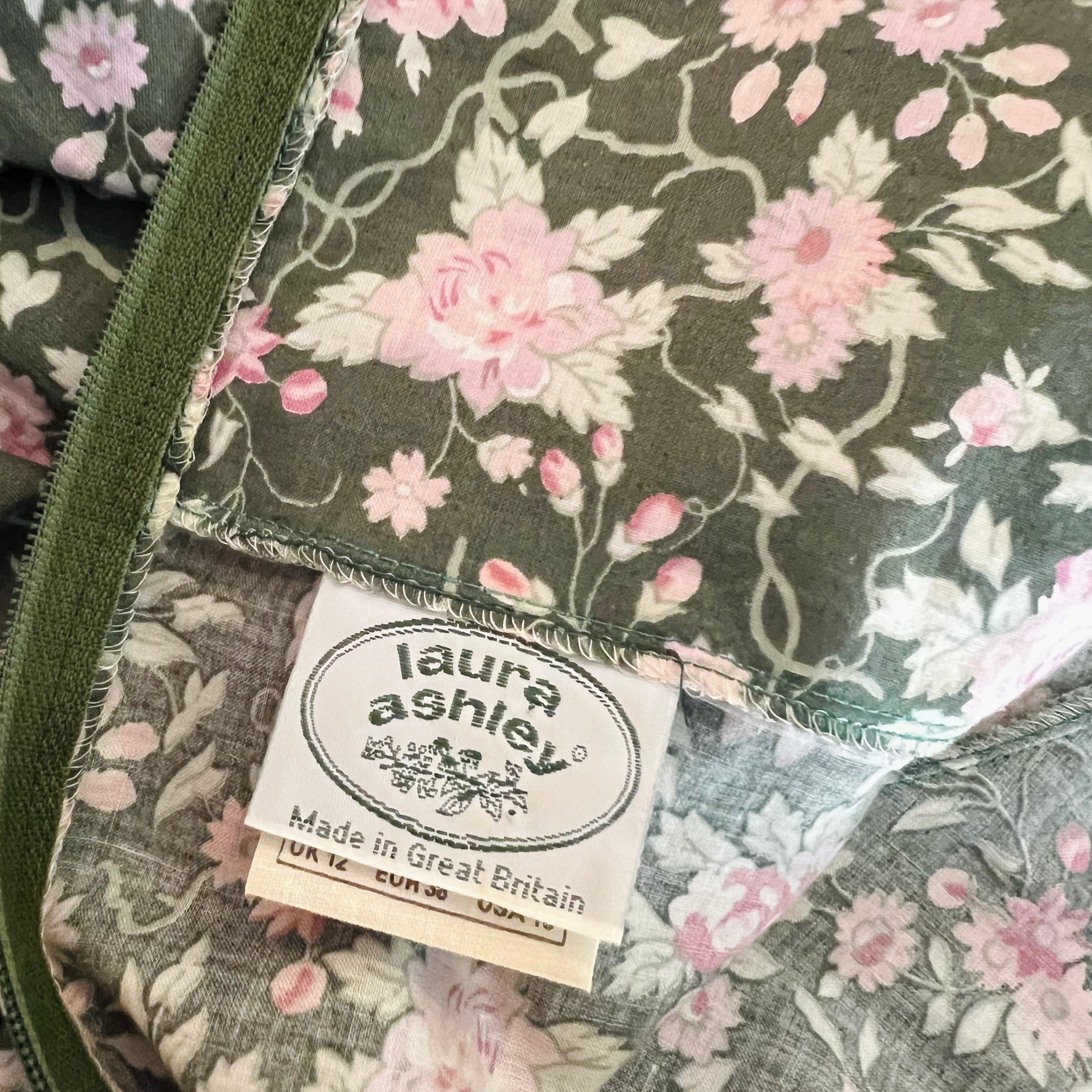 Laura Ashley Sage Green Rose Print Puff Sleeve Floral Dress — vintage Laura Ashley dress in pink, green