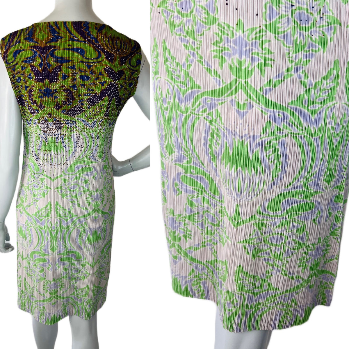 Issey Miyake Art Nouveau Print Pleated Dress — vintage Issey Miyake dress in green, purple