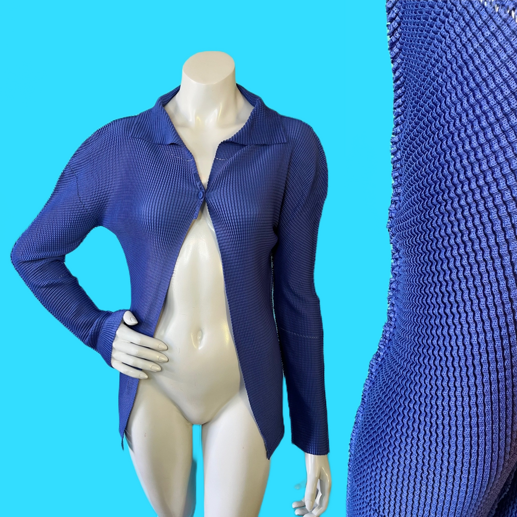Issey Miyake Sculptural Indigo Blue Mini Duster Mesh Pleated Jacket — vintage Issey Miyake jacket in blue