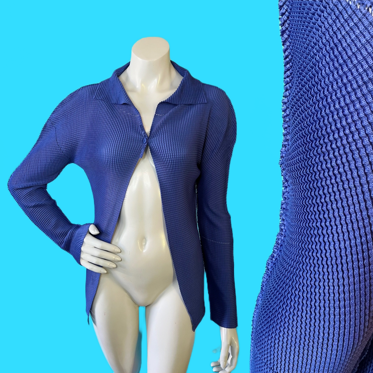 Issey Miyake Sculptural Indigo Blue Mini Duster Mesh Pleated Jacket — vintage Issey Miyake jacket in blue