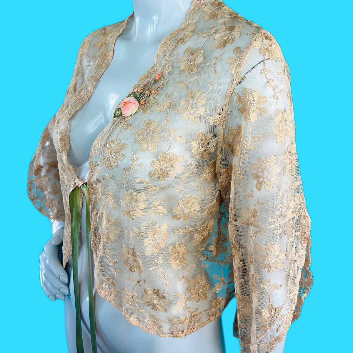 1930s Tea Dyed Floral Lace Sheer Jacket — vintage 1930s jacket in pink, green