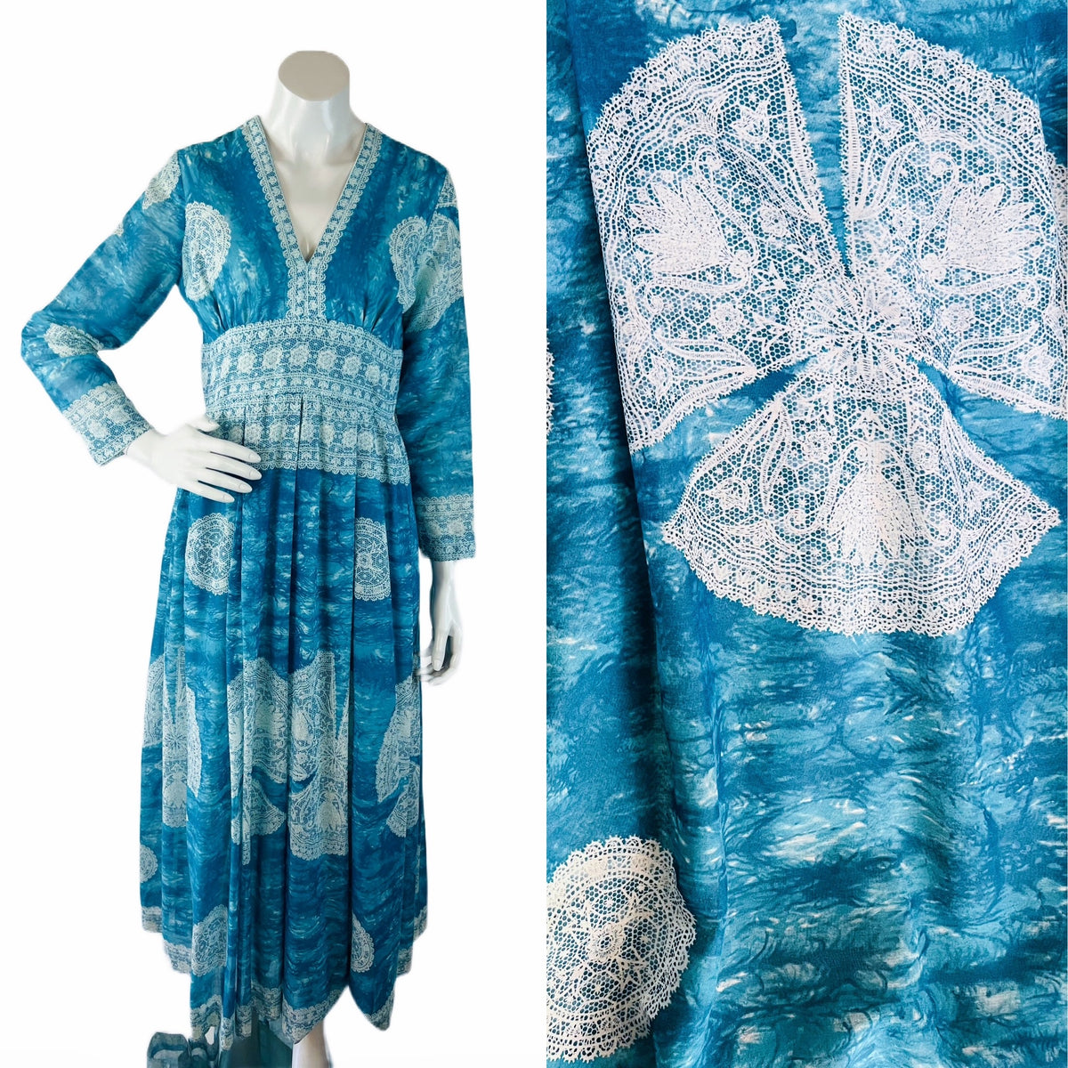 Blue & White Lace Print 60s/70s Maxi Dress — vintage 1960s Avalon Classics, Inc dress in white, blue